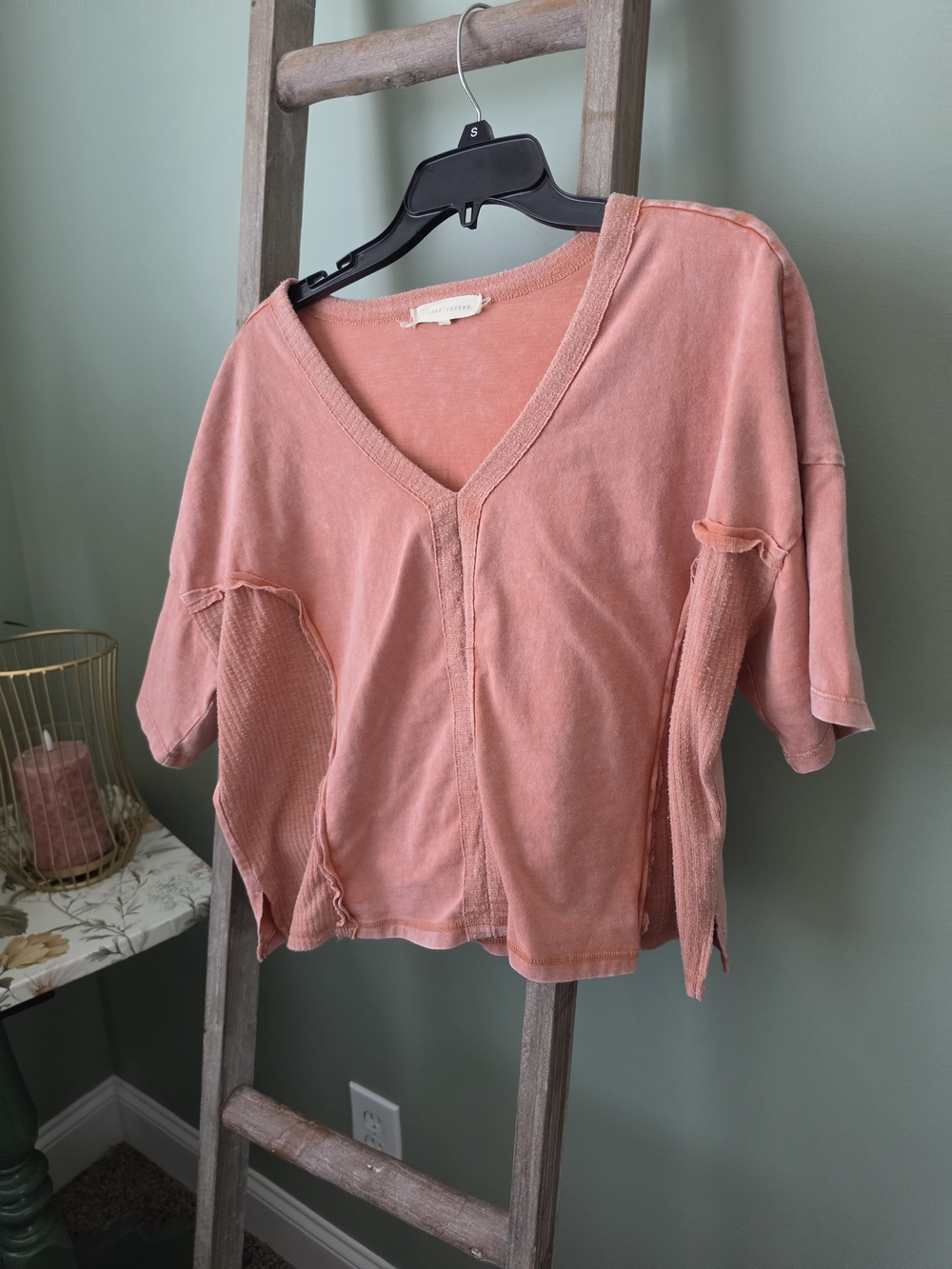 Gilded Intent Washed Coral Pink V‑Neck Boxy Sweatshirt